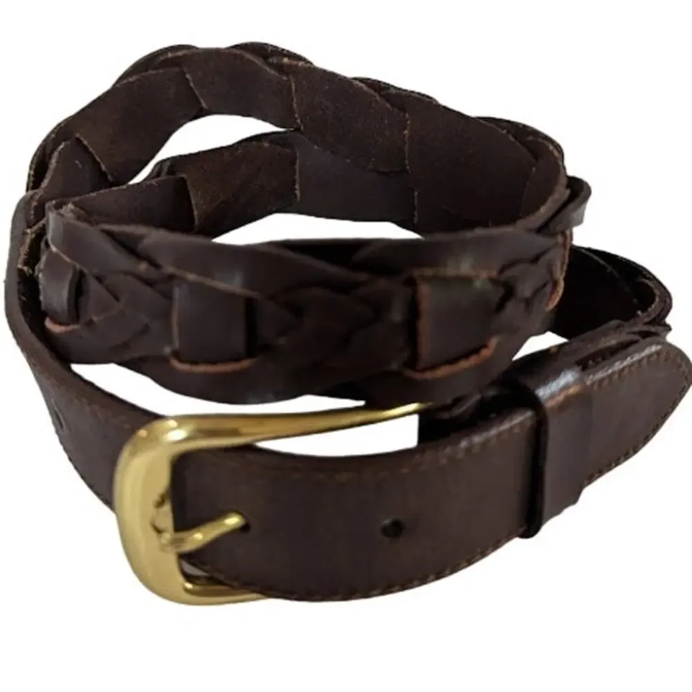 Women's chocolate brown Large woven Braided Genuine Leather Belt brass buckle